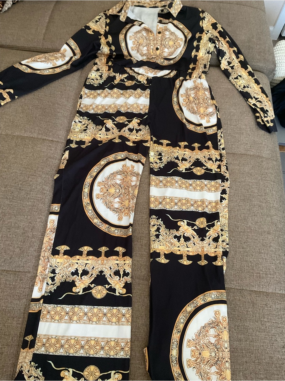 Black & Gold Baroque-Print Long Sleeve Jumpsuit